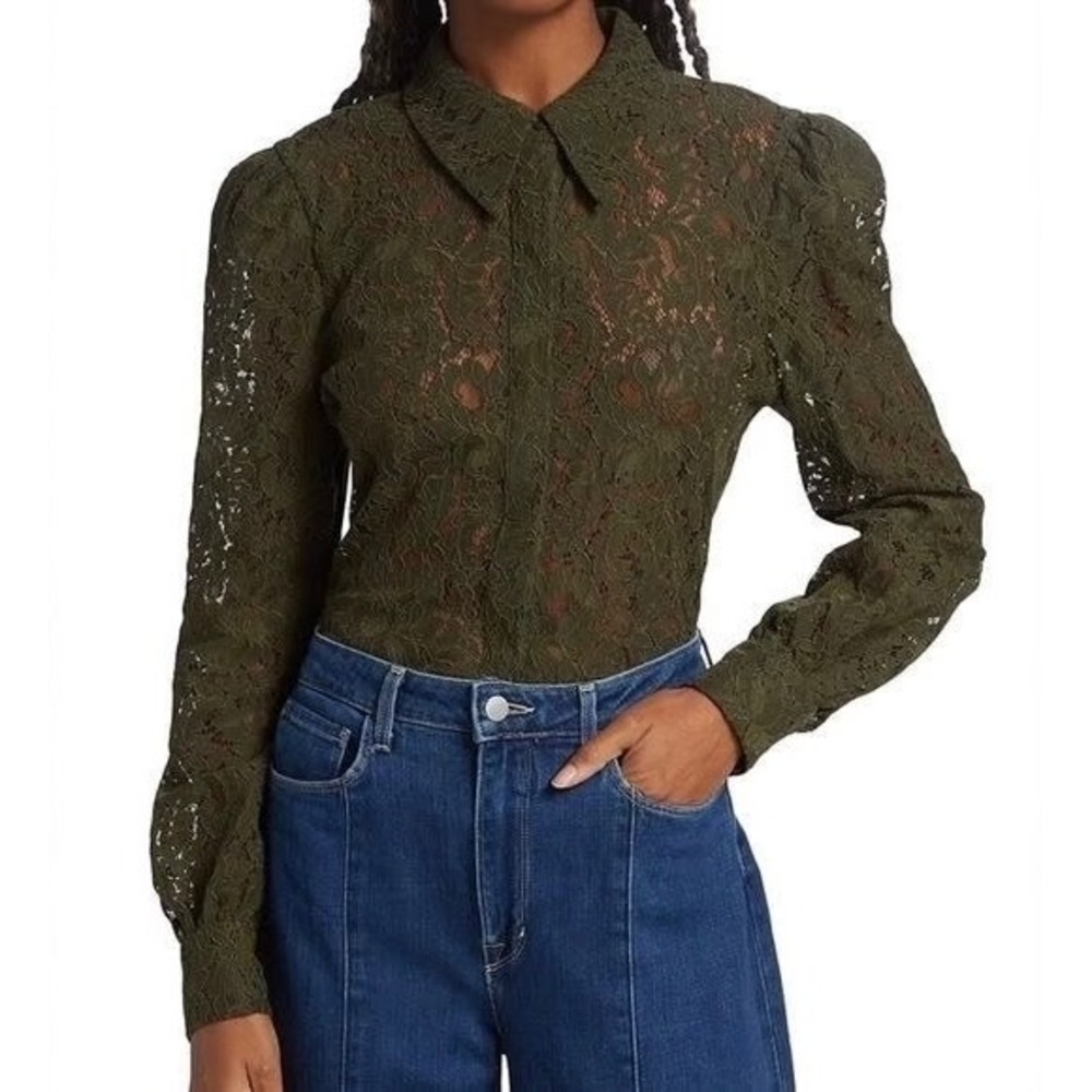 L'Agence Jenica Lace Button Down Blouse in Army Size Medium